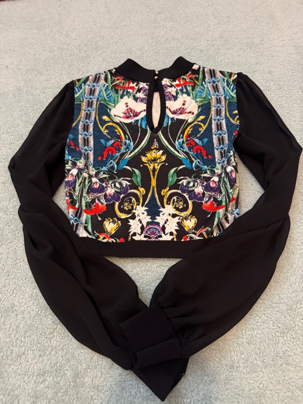 bebe Black Long-Sleeve Cropped Top with Multicolor Ornate Print - Picture 3 of 3